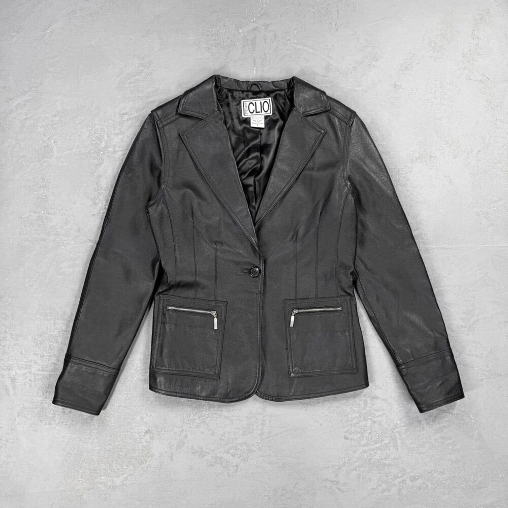 Vintage Clio Leather Black Leather Single Button Jacket Women's 8